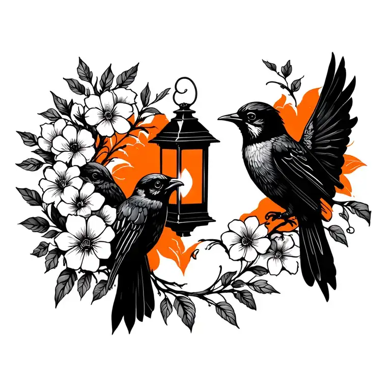 Black and orange neo traditional chest tattoo with 2 birds surrounding a lantern which is the centrepiece, flowers tattoo design idea