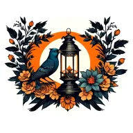 Black and orange neo traditional chest tattoo with 2 birds surrounding a lantern which is the centrepiece, flowers tattoo design idea