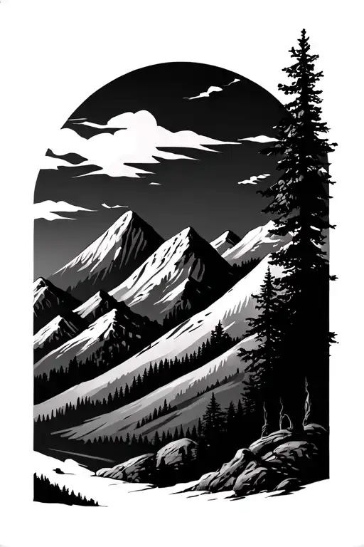 trees and mountain range silhouette tattoo design idea