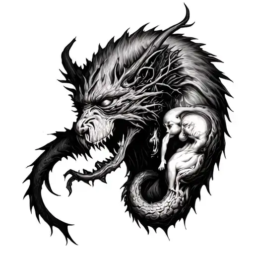 I want a full sleeve on my right arm. On the forearm a demonic fetus devouring a normal fetus. On my tricep I want a lio tattoo design idea