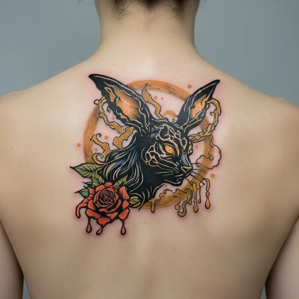 Psychedelic PlayBoy Bunny Girl Icon Black and gold silhouette blood and melting. thorn circle blood dripping off horns tattoo design idea