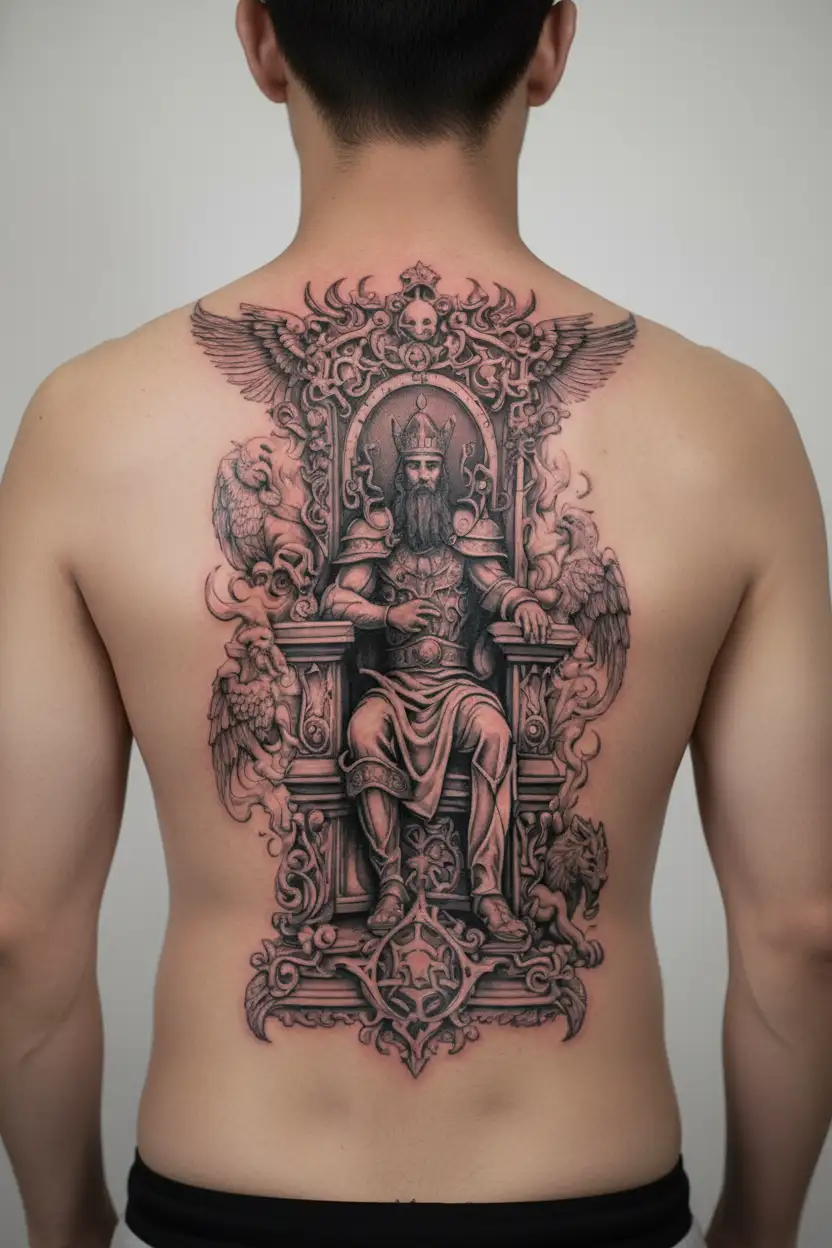 king of kings sitting on throne with armies of angels and background of fire in 3d effect tattoo design idea