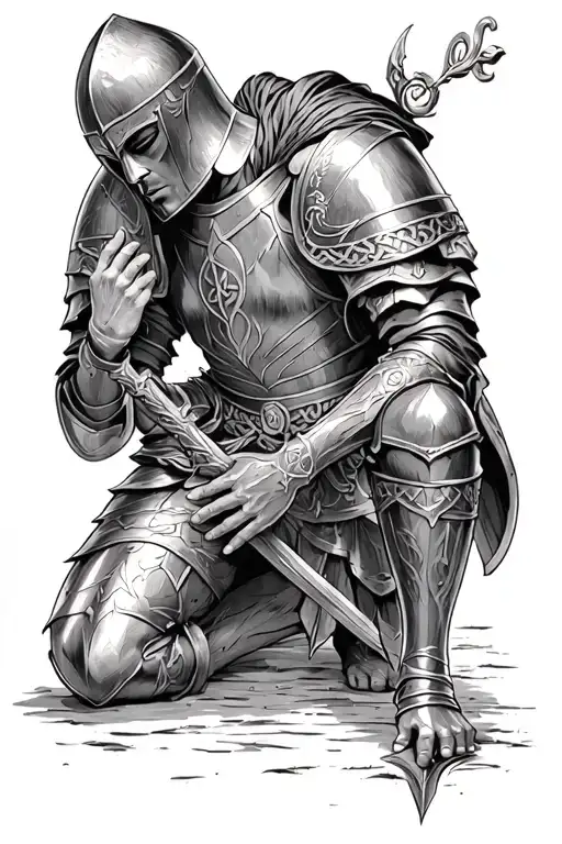 Templar knight celtic armor kneeling praying with hand on a shield tattoo design idea
