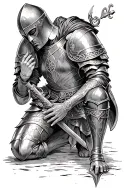 Templar knight celtic armor kneeling praying with hand on a shield tattoo design idea