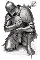 Templar knight celtic armor kneeling praying with hand on a shield tattoo design idea