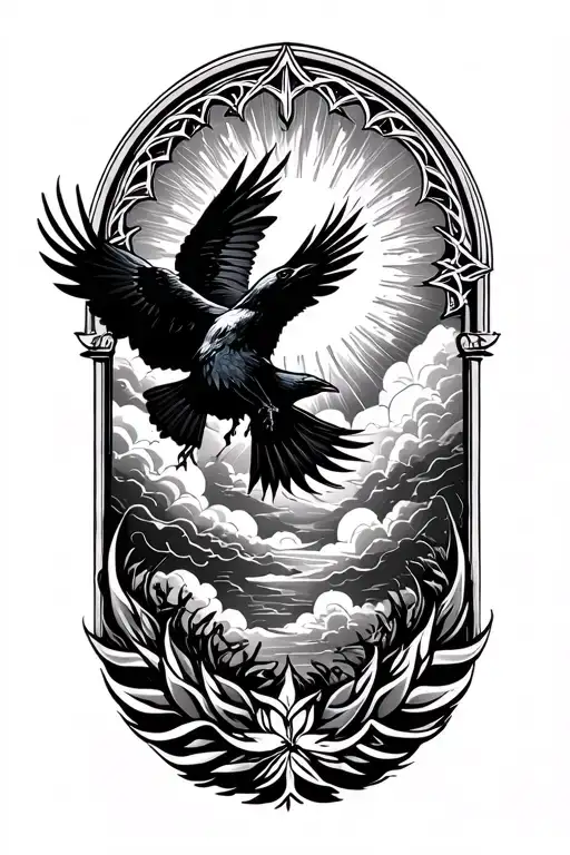 gothic with raven flying under sun with storm clouds, Gothic arch underneath tattoo design idea