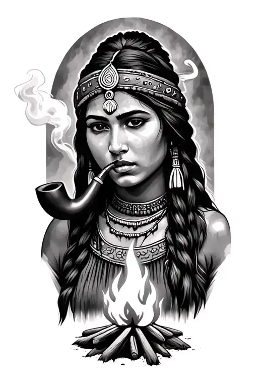 Portrait Pocahontas smoking a pipe with campfire tattoo design idea