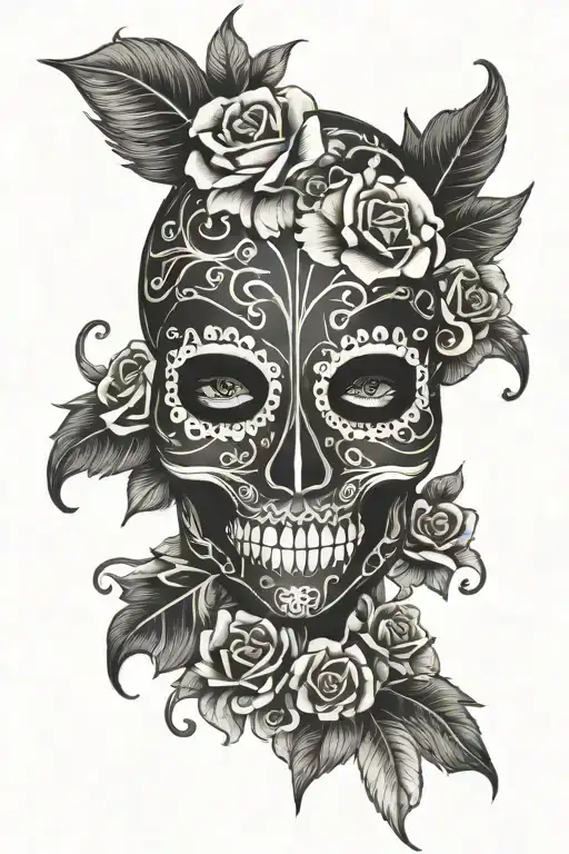 day of the dead mask merged tattoo design idea