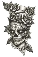 day of the dead mask merged tattoo design idea