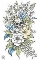  a carnation, a sweet pea, a lily of the valley, a hawthorn, and a larkspur tattoo design idea