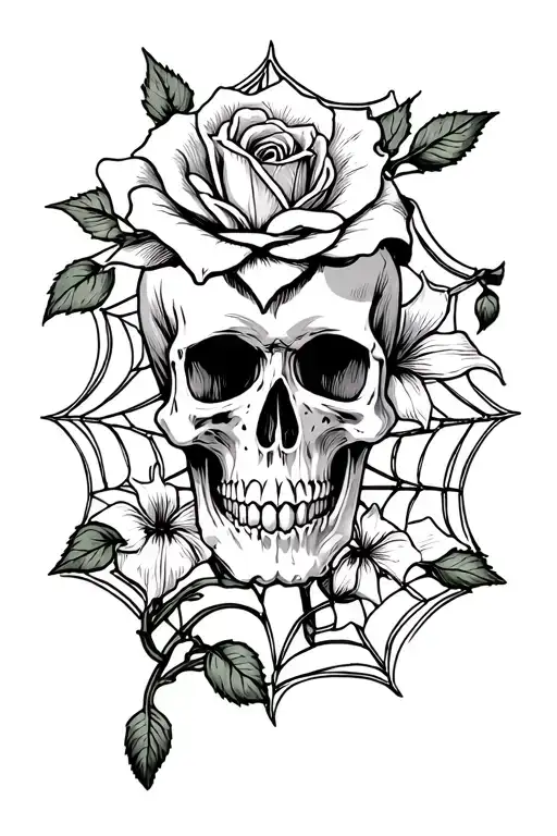 skull rose spider lillies spiderweb knife surrounded tattoo design idea