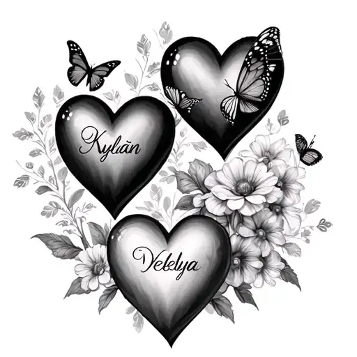 3 hearts with first names "Kylian, Valentin, Nélya" to write with flowers and butterflies tattoo design idea