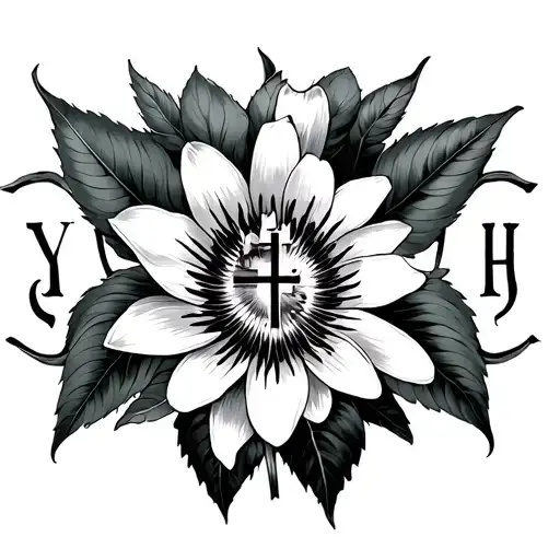 YHWH with a cross in the middle and put a passion flower on either side of the word tattoo design idea