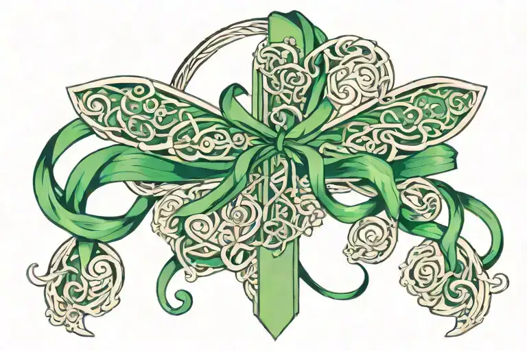 cerebral palsy awareness ribbon intertwined within a catholic cross background and theme western culture (cowgirl,horses tattoo design idea