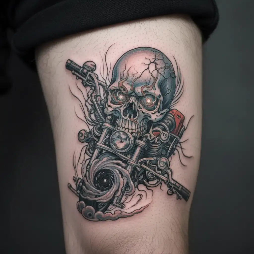 skull harley davidson motorcycle tattoo design idea