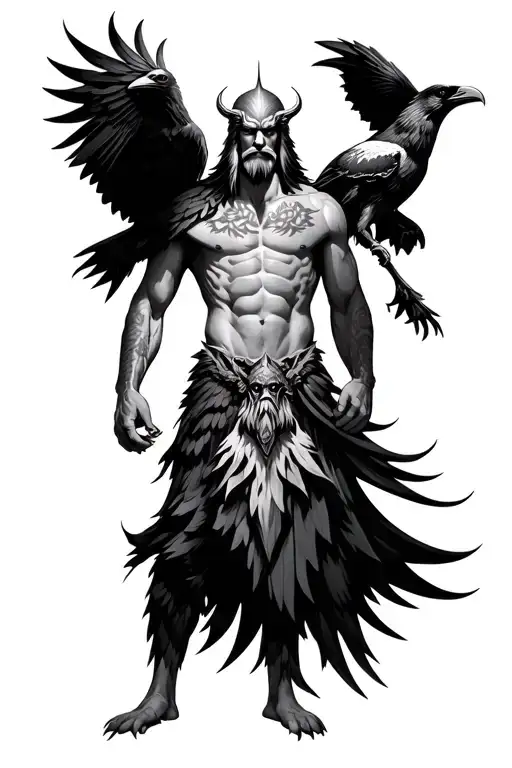 odin with two ravens at his chest and upper abdomen tattoo design idea