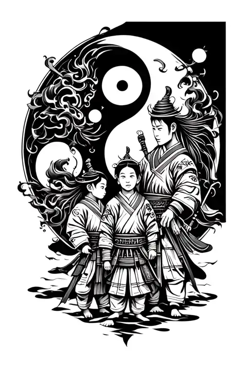 japanese style, samurai warrior, father and children, yin yang, virgo tattoo design idea