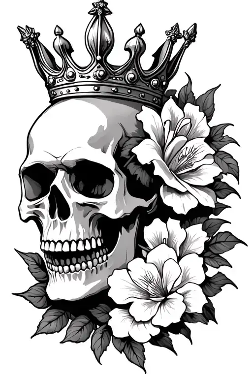 flor de maga and skull wearing a crown tattoo design idea