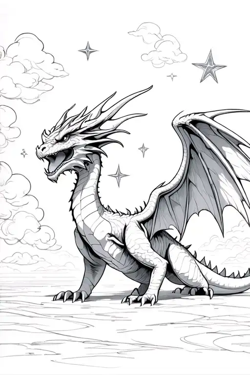 dragon with angel wings, on its belly crawling forward with its mouth open. add clouds in the background, an stars tattoo design idea