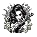bend a bit like oval shape then add some stack of cash, pistol & bullet bullets, dice, alcohol and a lady's but let it f tattoo design idea