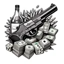 bend a bit like oval shape then add some stack of cash, pistol & bullet bullets, dice, alcohol and a lady's but let it f tattoo design idea