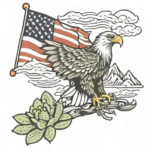 eagle, flag, ocean, cactus, mountains tattoo design idea