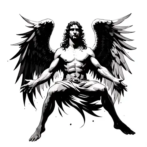 an angel men with arms outstretched, legs crossed with large wings in cybersiligism mode tribal tattoo tattoo design idea