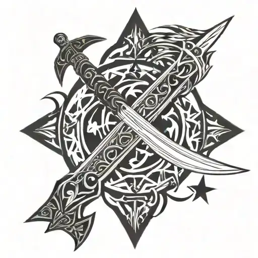Outstretched wings framing a sword, with delicate embellishments of stars  tattoo design idea