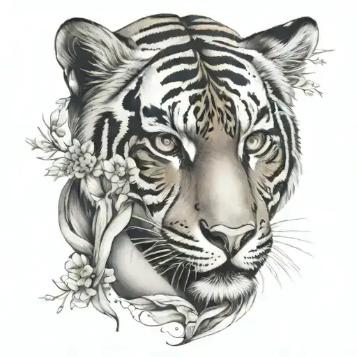 Pretty and characterful girl with a tiger mask over her face tattoo design idea
