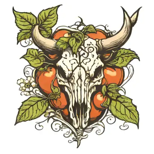 cow skull intertwined within a tomato plant tattoo design idea