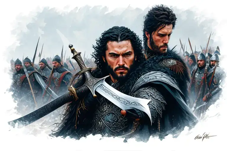 jon snow in the battle of bastards looking at the chavalry that comes ahead with his sword at the ready  tattoo design idea
