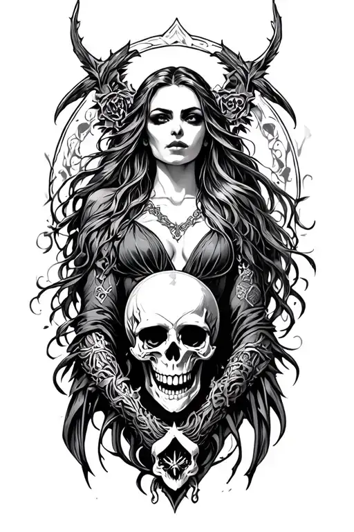 The Irish Goddess Morrigan with skulls tattoo design idea