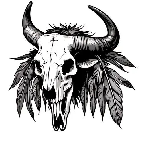 longhorn bull skull head with feathers ahanging from the horns tattoo design idea