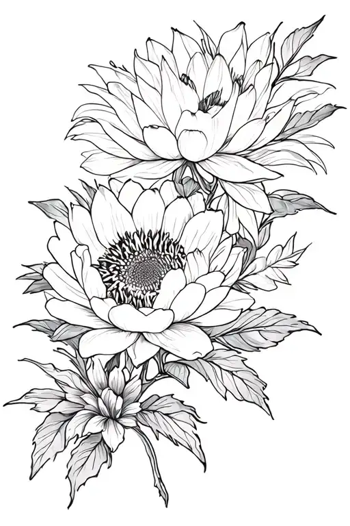 peony, sunflower, japanese lily, lotus and foliage tattoo design idea