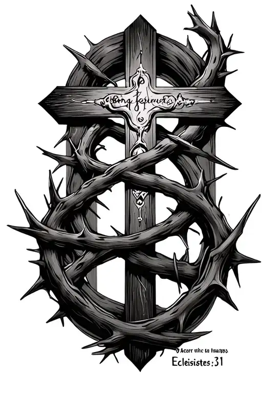 cross and thorns wraps around  and Bible verse Ecclesiastes 3:11 tattoo design idea