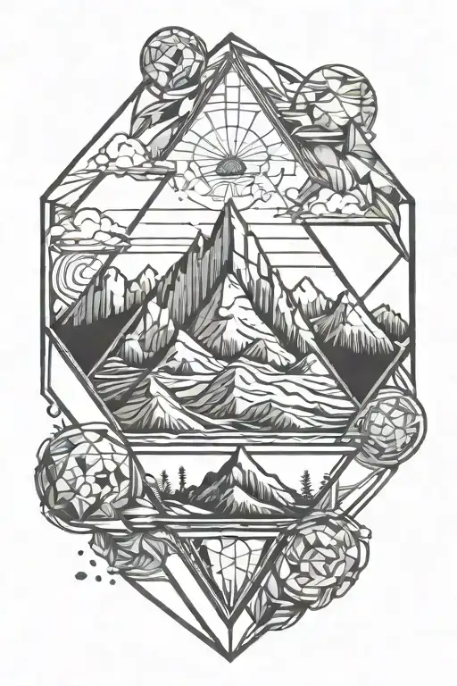 diamond with mountains inside surrounded by circular geometric design tattoo design idea
