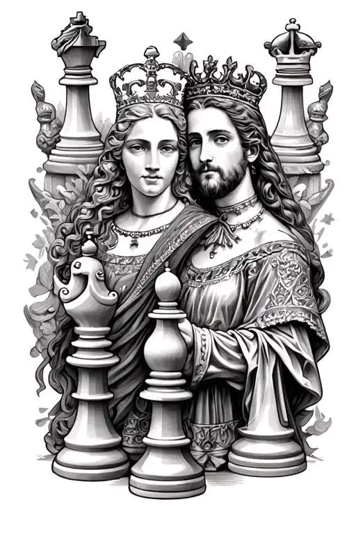 chess king and queen with other chess pieces in background tattoo design idea
