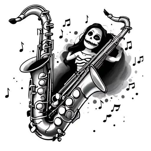 saxophone with voodoo doll hidden somewhere and the names Rhonda and Angie coming out as notes tattoo design idea