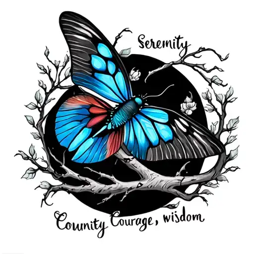 blue butter fly, tree branches, says "serenity, courage, wisdom" on upper arm tattoo design idea