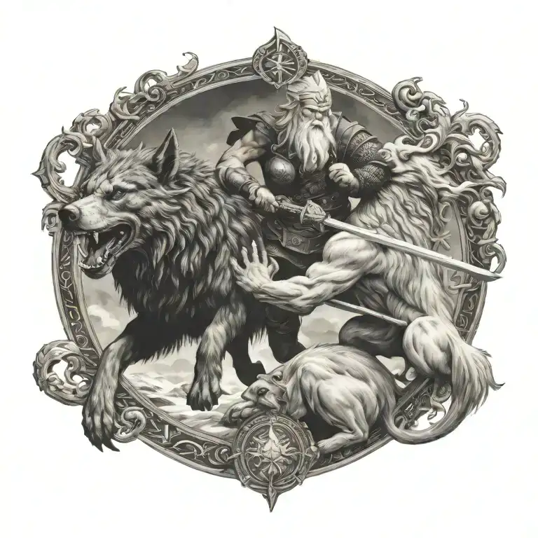 Odin fighting fenrir tattoo design idea