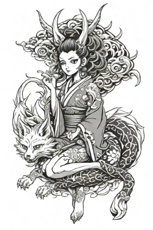 anime girl Oni is about 20 years old with a 9 tailed fox around her tattoo design idea