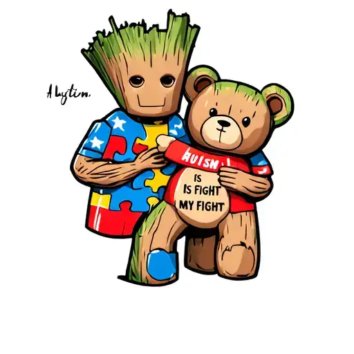 autism awareness puzzle pieces groot holding teddy bear with words saying his fight is my fight  tattoo design idea