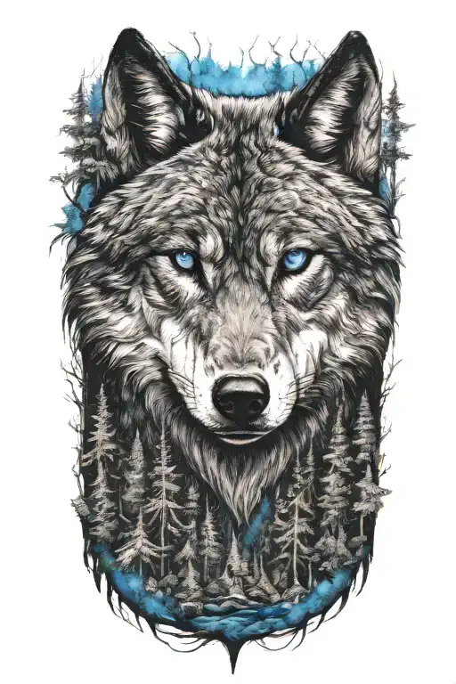 wolf blue eyes forest landscape tattoo design idea