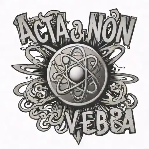 "acta non verba text with an atom tattoo design idea