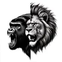 half gorilla face  and half lion face roaring side by side tattoo design idea