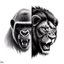 half gorilla face  and half lion face roaring side by side tattoo design idea