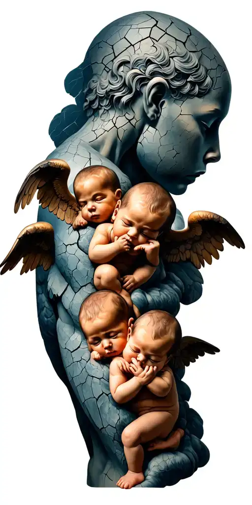 Cracked Titan Atlas and 3 cracked baby angels themed "see no evil, hear no evil, speak no evil", greek meander backround tattoo design idea