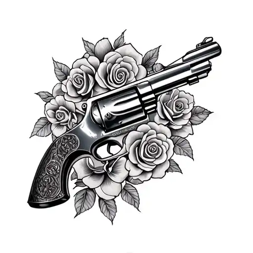 Create a tattoo of a western style Colt 45 revolver engraved with roses tattoo design idea