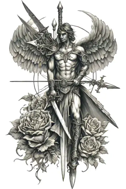 angle with spread wings criss cross with a sword   tattoo design idea