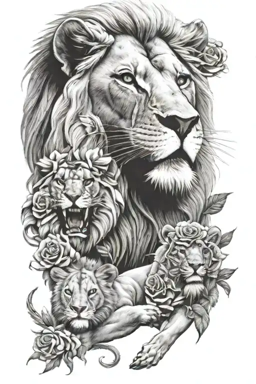 male lion femail lion with 2 cubs and rose  tattoo design idea